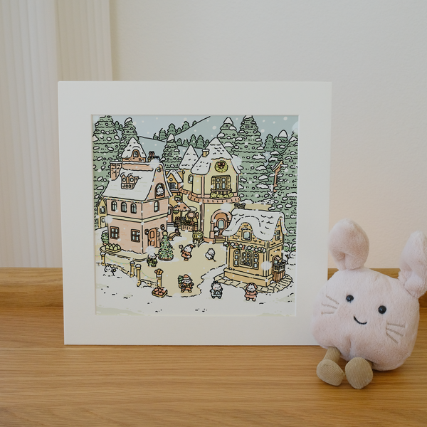 Snowy Day of Bunny Town Art Print (8x8in or Mini Size)